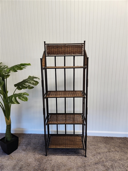 Collapsible plant stand, metal & wicker