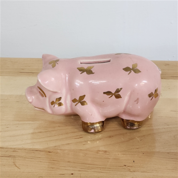 Vtg Ceramic Piggy bank with Gold Gilding accents