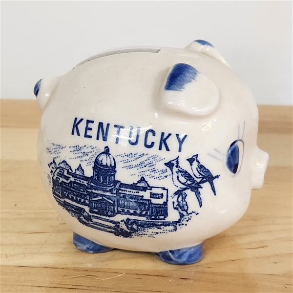 Blue and white ceramic piggy bank- blue delft, Kentucky imagery