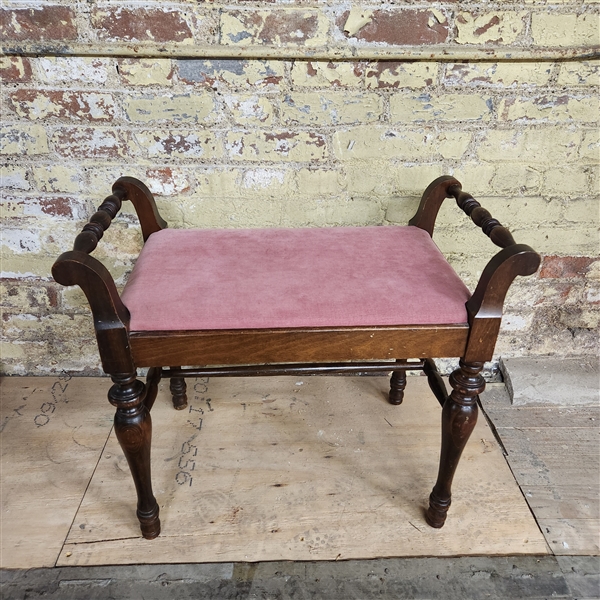 Antique Murphy Vanity Bench with pink corduroy upholstery