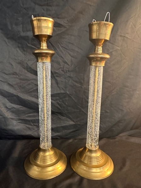 Brass and crackled glass candlesticks