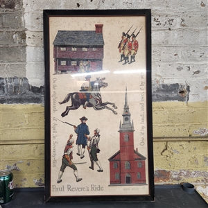 Framed vtg linen tea towel- Robert Hughes "Paul Reveres Ride"