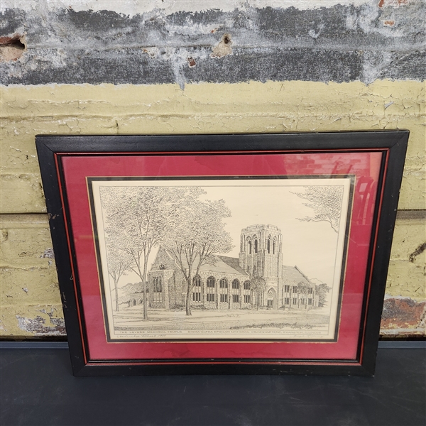 Framed drawing "The Levere Memorial Temple, Sigma Alpha Epsilon National Headquarters, Evanston, Illinois"