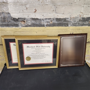 Two degree frames (one with broken glass), and certificate/art frame