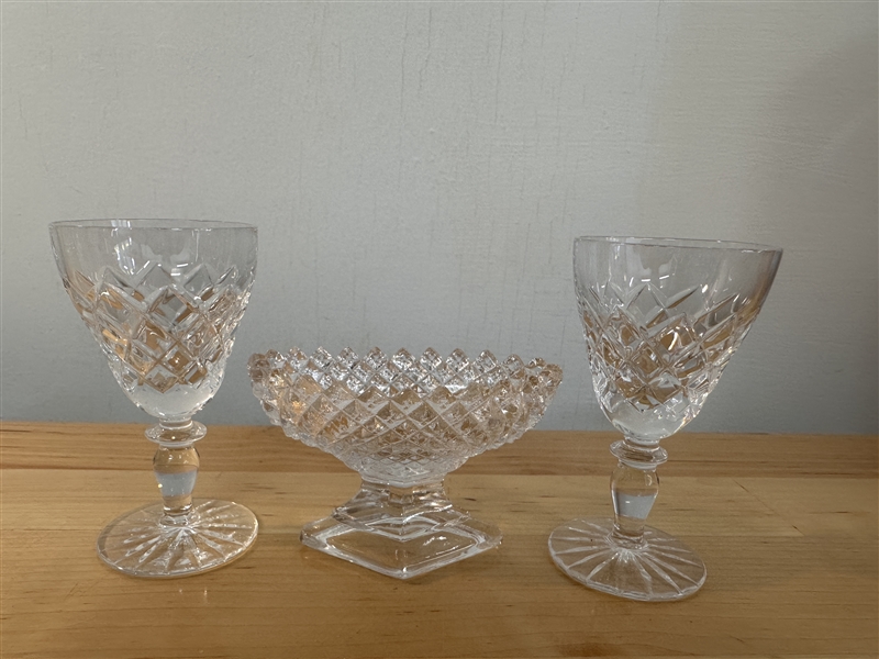 Cordial Glass and Hobnail Diamond Pattern Salt Cellar