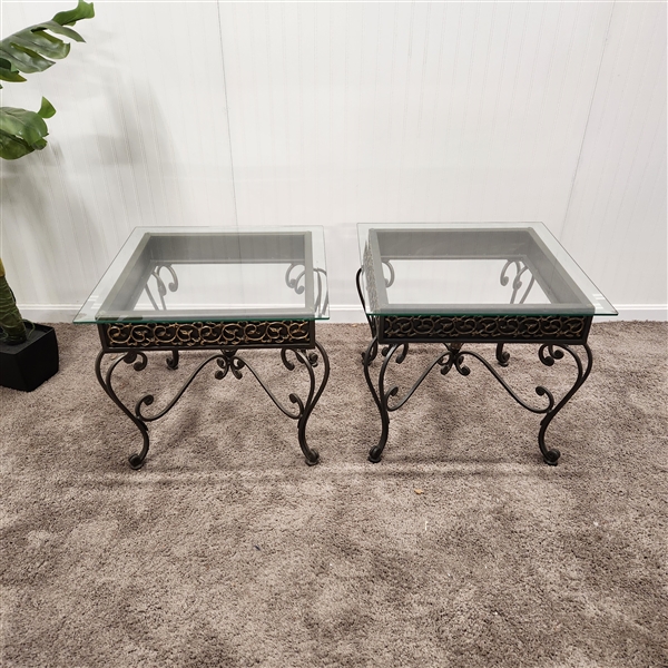 Pair of Metal Glass Top End Tables