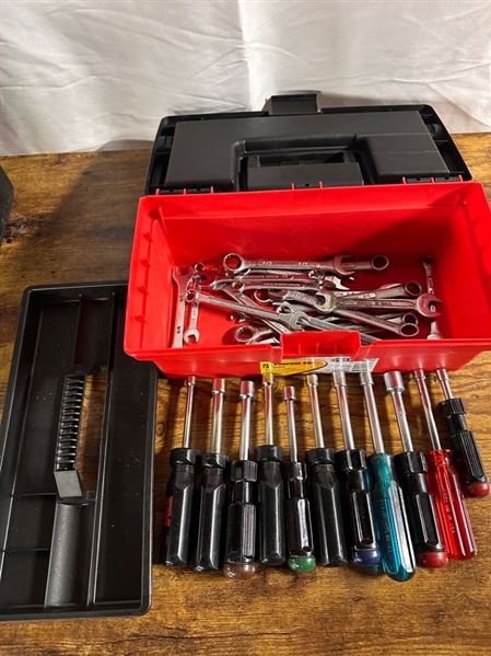 Tool Box of assorted wrenches & socket drivers