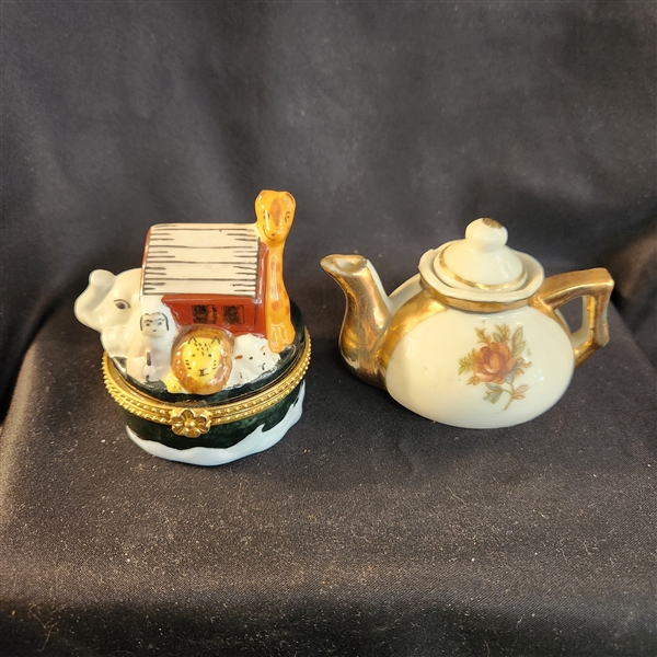 Ceramic figurines- Noahs Ark trinket box, miniature teapot