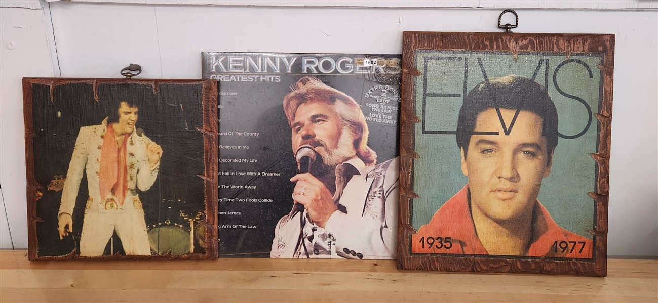 Kenny Rogers Greatest Hits LP, Elvis prints on wood