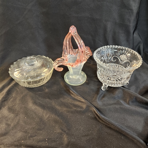 Decorative glass dish, lead crystal footed dish, handmade glass basket